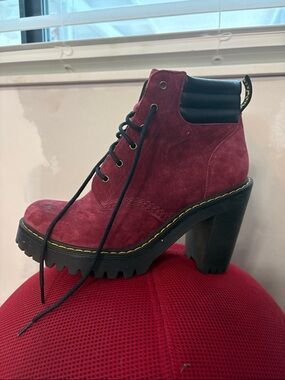 Dr. Martens Women's Burgundy Suede Lace-Up Chunky Heel Boot